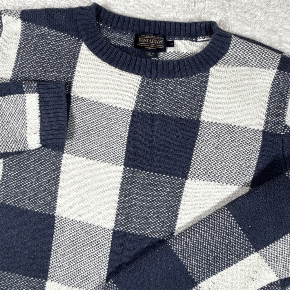 Pendleton Buffalo Check Crewneck Mens M Navy Blue White L/S Plaid TC293-73368